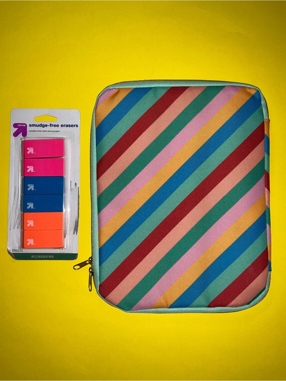 Office Room Supply Pack Erasers & Multi-Color Striped Pouch or Tablet Sleeve